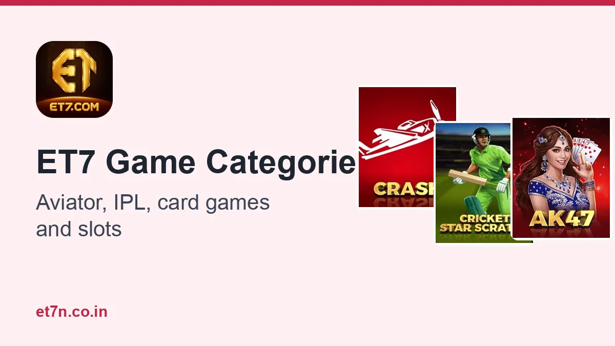 ET7 game categories cover with Aviator, cricket, cards and slots